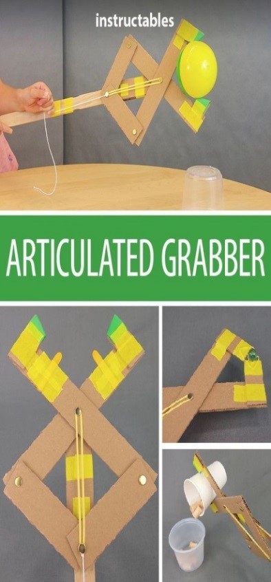 A picture of a cardboard and rubber band contraption, labeled "Articulated Grabber," being used to grab various objects.