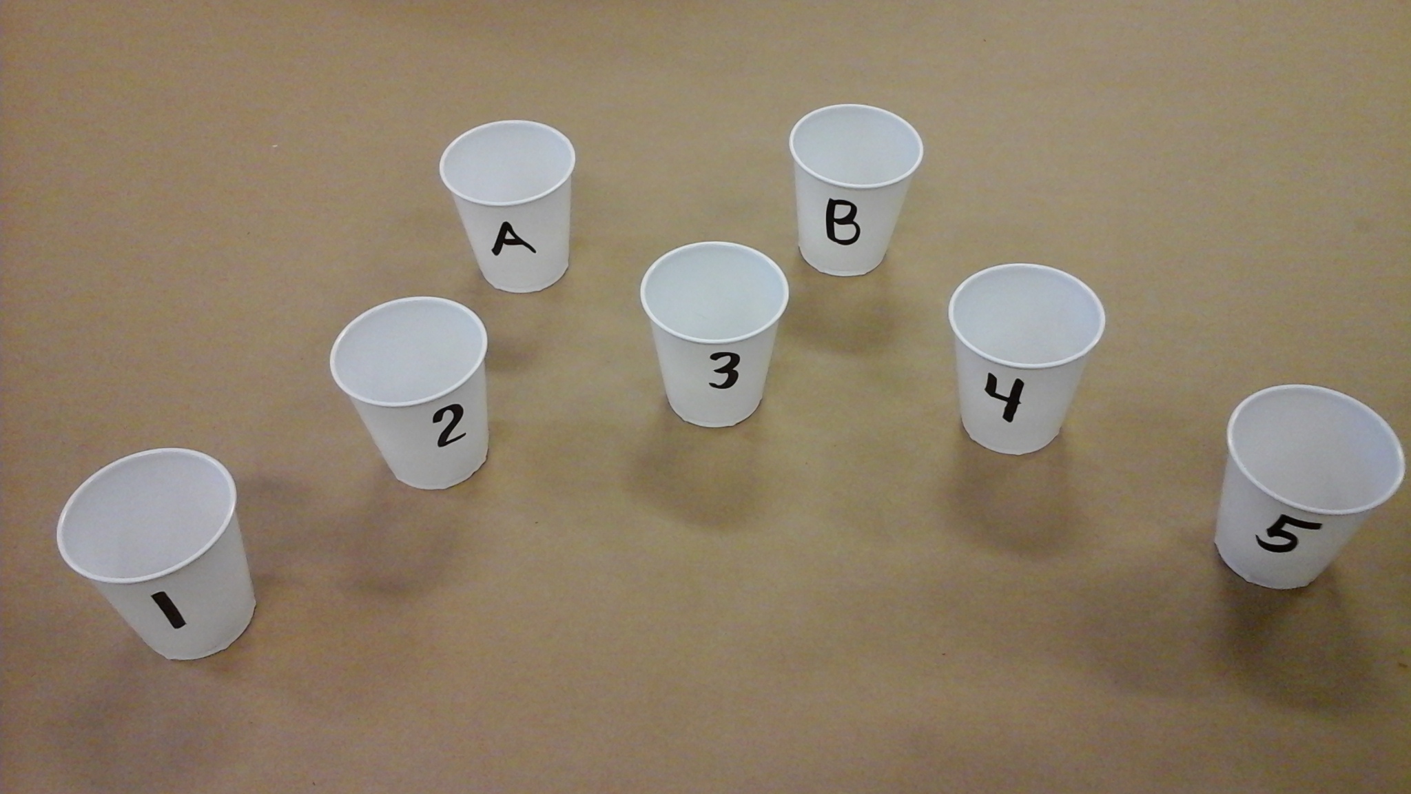 cups on table labeled with letters and numbers