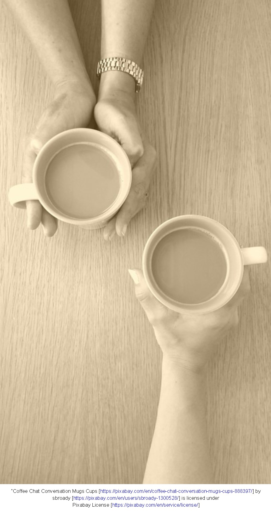 Overhead view of hands holding mugs 