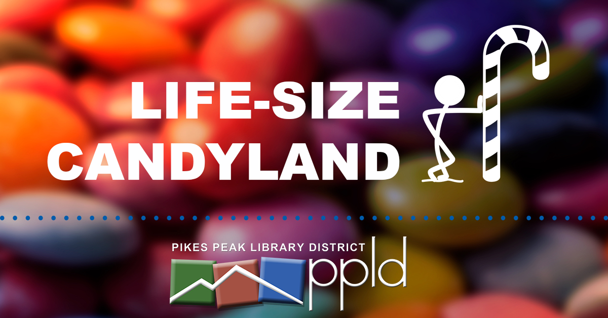 Text "Life-Size Candyland" over blurred image of candies, figure leaning on candy cane