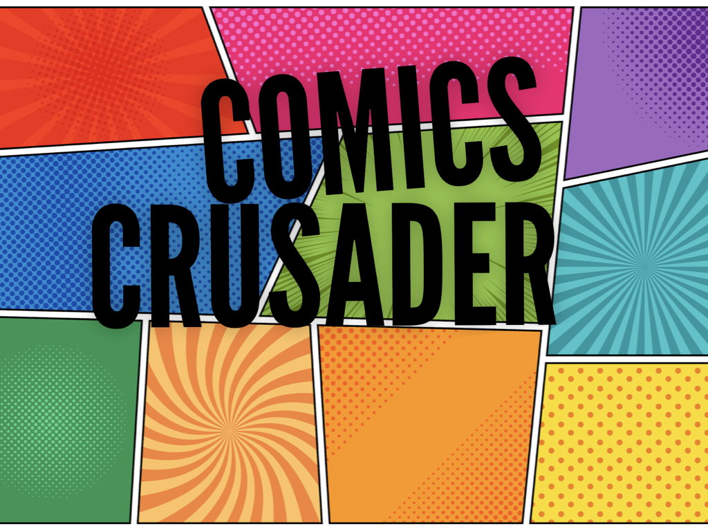 Colorful blocks reminiscent of comic panels with the words "COMICS CRUSADER"