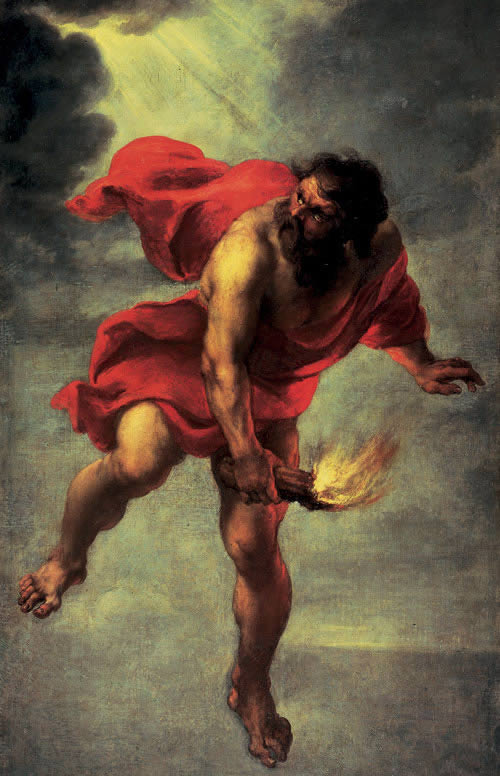 Jan Cossiers' Prometheus Carrying Fire - painting of man bringing fire from the heavens