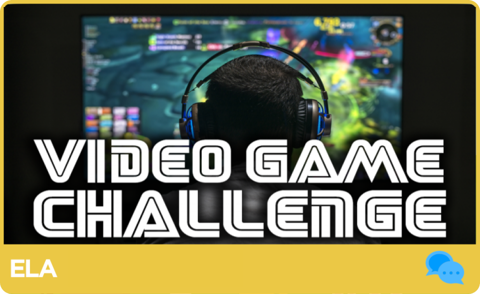 Gamer with headphones at monitor, words "video game challenge"