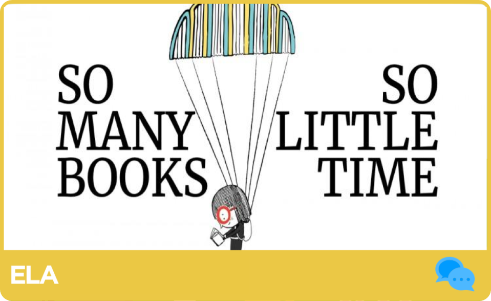 Reader with parachute made of books, text reads "So many books, so little time"