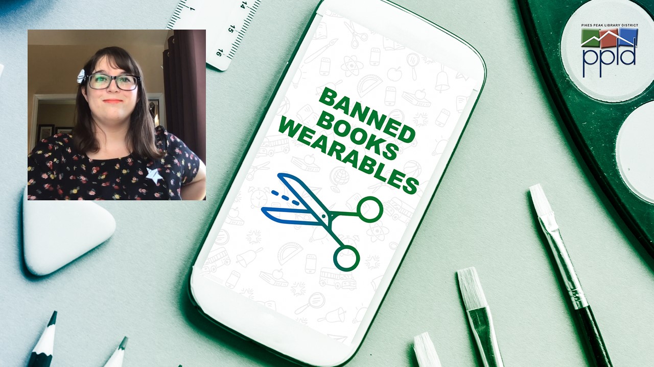 Picture of presenter with text reading Banned Book Wearables