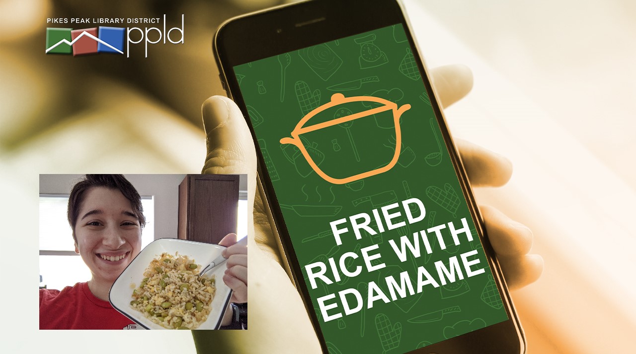 Picture of presenter with text reading "Fried Rice with Edamame"