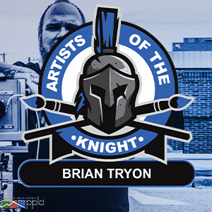 Photo of Photographer Brian Tryon with superimposed Artist of the Knight logo