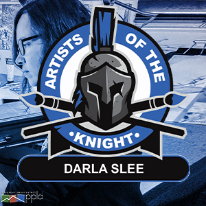 Photo of artist Darla Slee with superimposed Artist of the Knight logo.