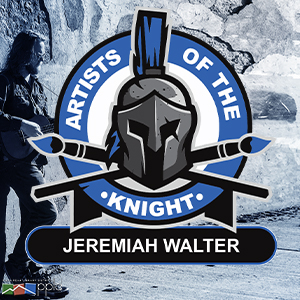 Photo of musician Jeremiah Walter with superimposed Artist of the Knight logo.