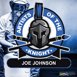 Photo of Musician Joe Johnson with superimposed Artist of the Knight logo