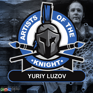 Photo of artist Yuriy Luzov with superimposed Artist of the Knight logo.