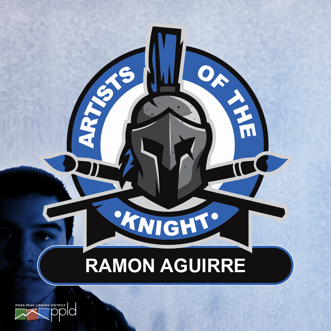 Photo of artist Ramon Aguirre with Artist of the Knight logo superimposed. 