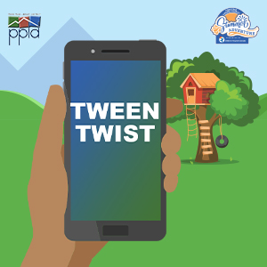 A hand holding a phone with the words Tween Twist. A treehouse is in the background 