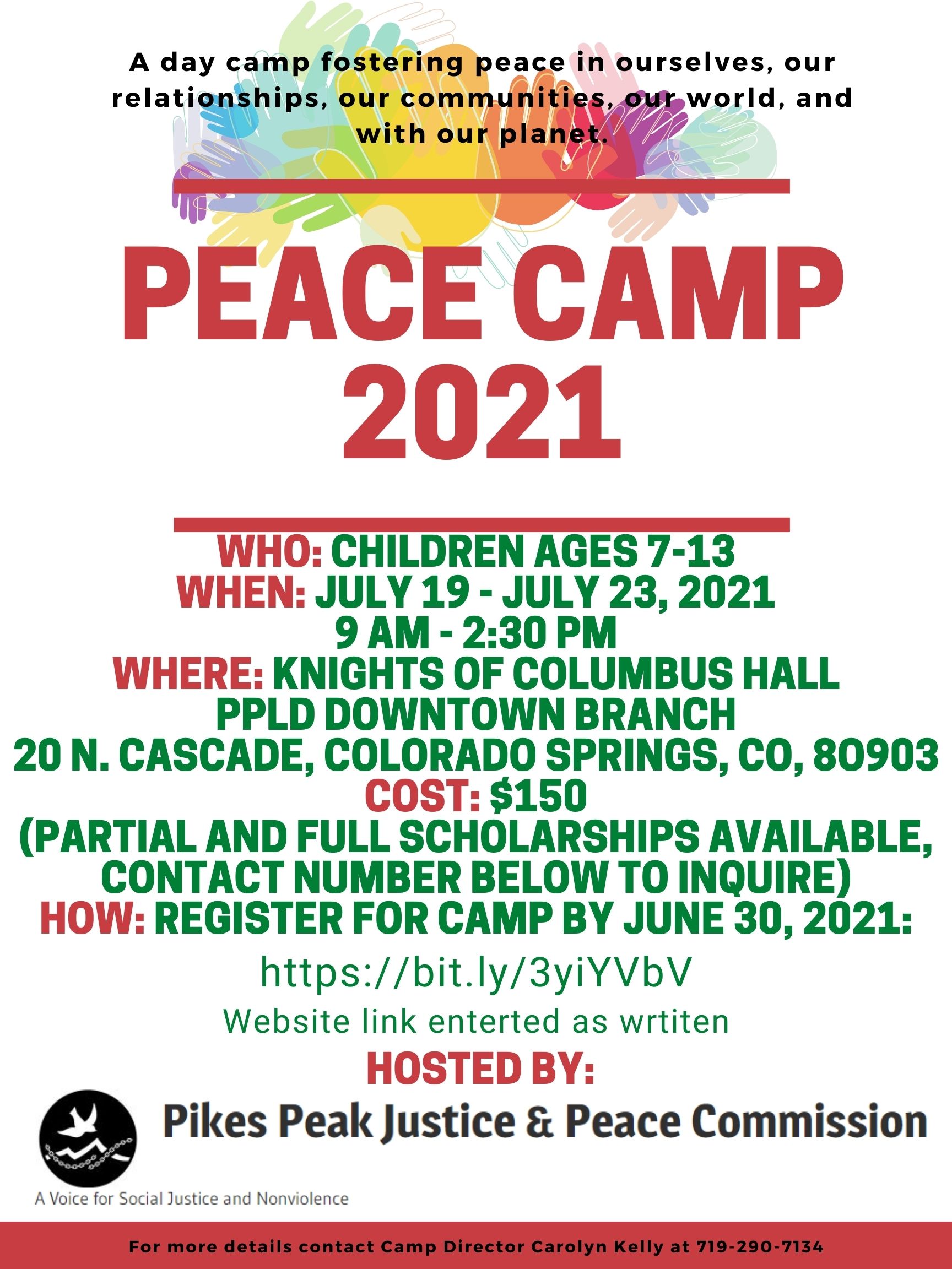Poster with information about the Peace Camp, including cost, location, dates and times.