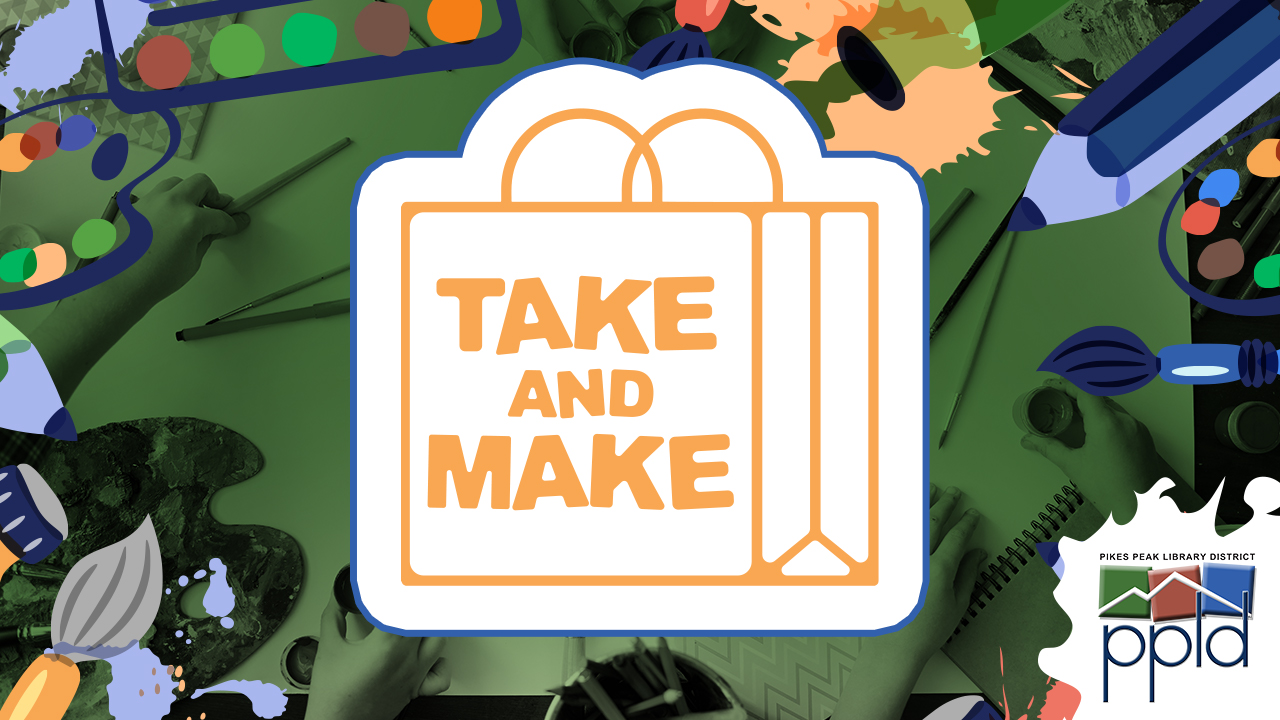 Take and Make written onto cartoon bag with colorful background