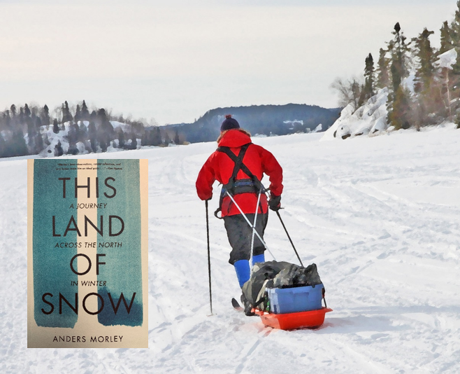 photo of book cover and man hiking through snow