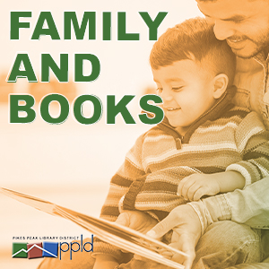 a caregiver reads to a child with "Family and Books" written in green