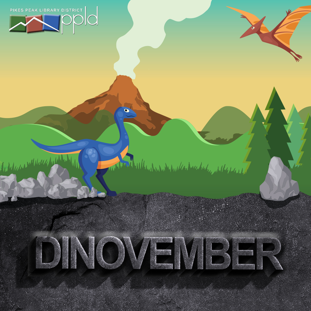 Blue Dinosaur and flyer dinosaur with volcano landscape. DINOVEMBER work.