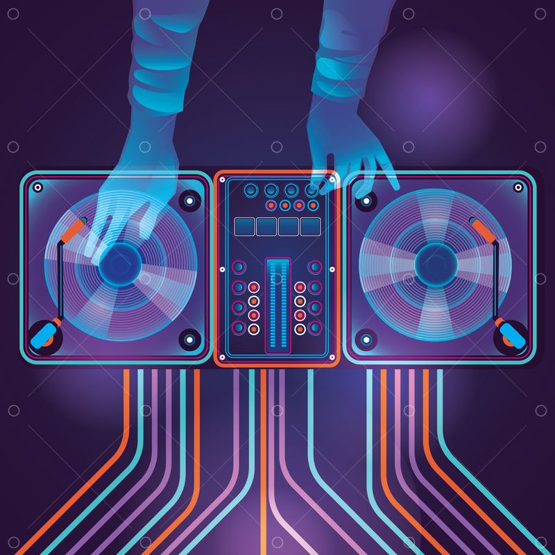 a mostly purple graphic of a dj table with wires of different colors (orange, green, and yellow) coming towards the bottom of the image. There are a pair of blue hands that look quite ghost-like interacting with the turn table.
