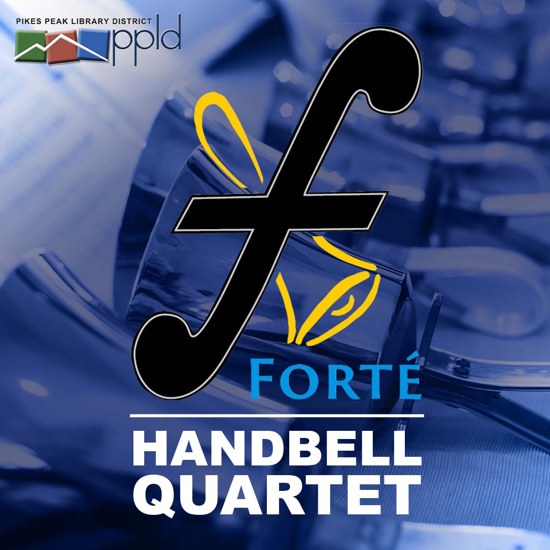 Logo of Forté Handbell Quartet placed over image of hand bells