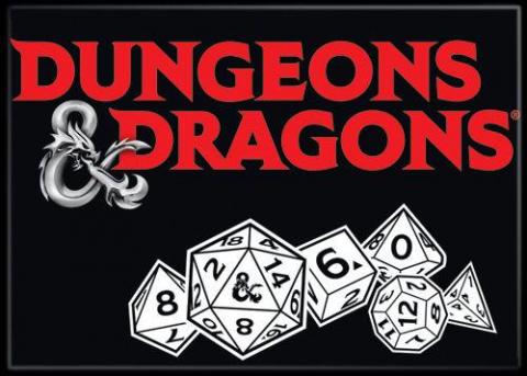 Dungeons and Dragons logo in red. The ampersandis a dragon in black and white and there are 6 dice illustrated underneath. 
