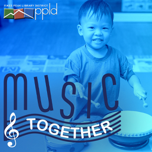 Photo of a toddler playing a drum with words, Music Together