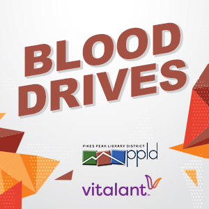 Blood Drives text with red and orange abstract shapes. PPLD and Vitalant logos.