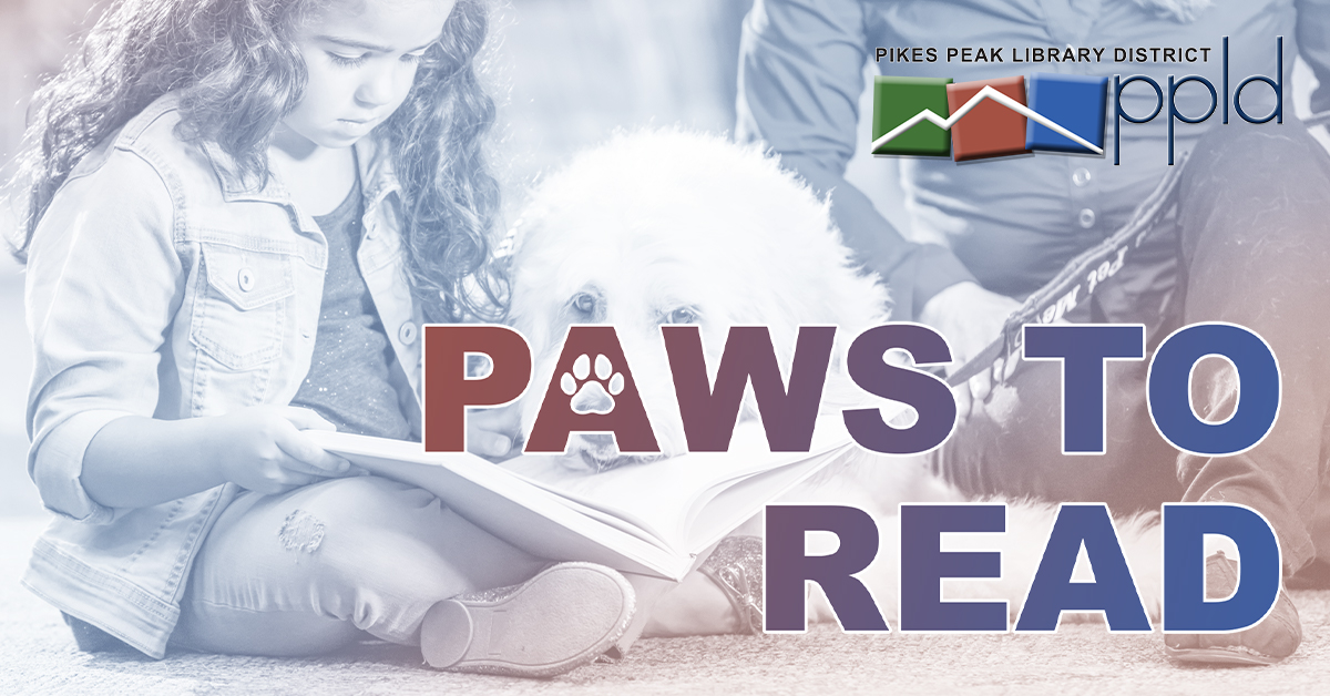 Paws to Read text over child reading to a dog