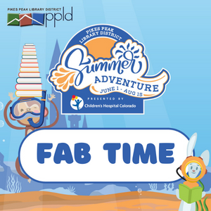 Summer Adventure logo with the words FAB TIME centered. Cartoon images of monkey, books, bunny, and sand castle in the background.