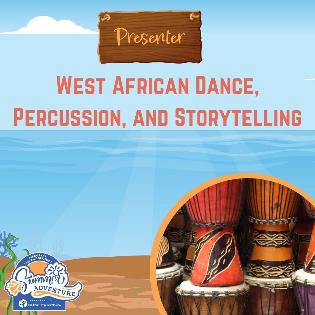 Image of ocean with drums graphic. Text reads West African Dance, Percussion and Storytelling.