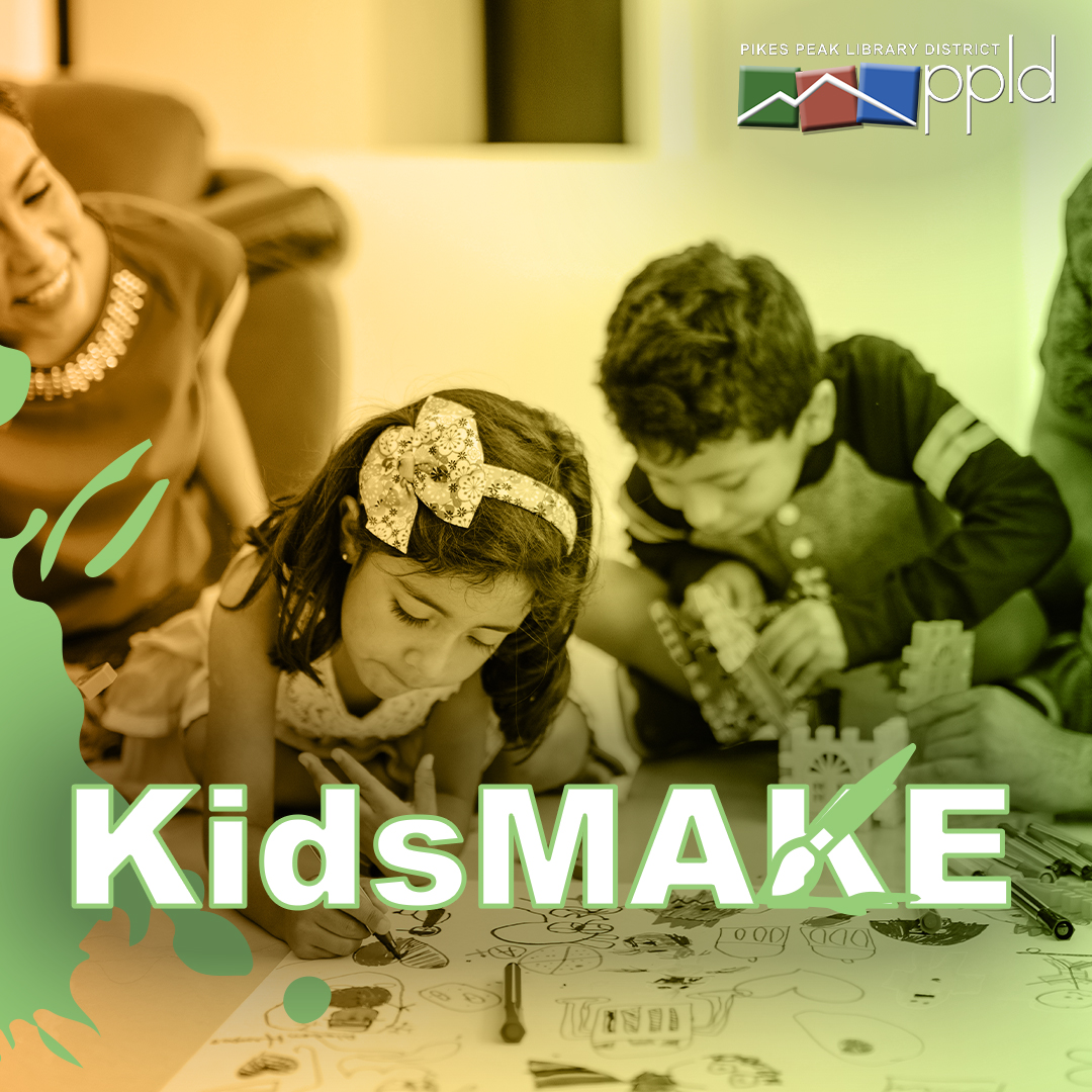Photograph of hildren sitting on floor creating a project. Text reads KidsMake