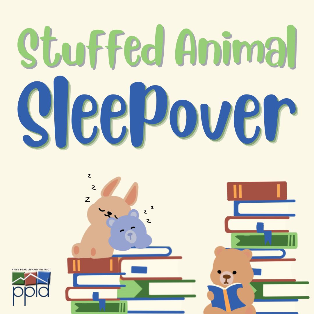 Stuffed animals reading book and sleeping on book stacks. Text reads Stuffed Animal Sleepover