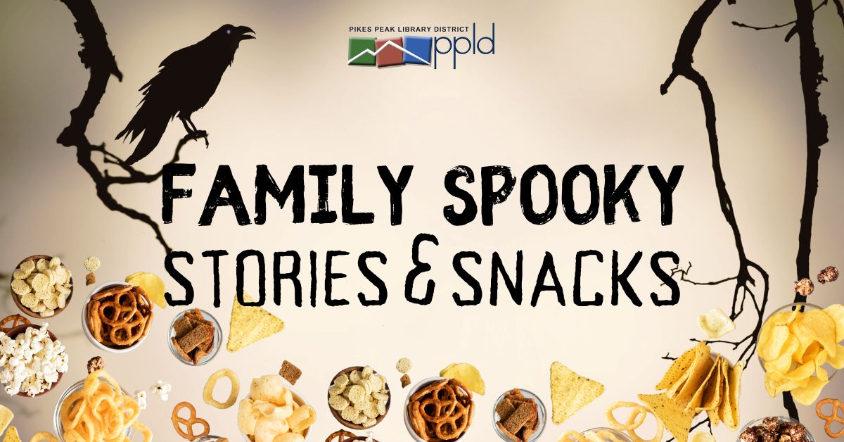 Words "Family Spooky Stories & Snacks" surrounded by snacks and image of crow on branch