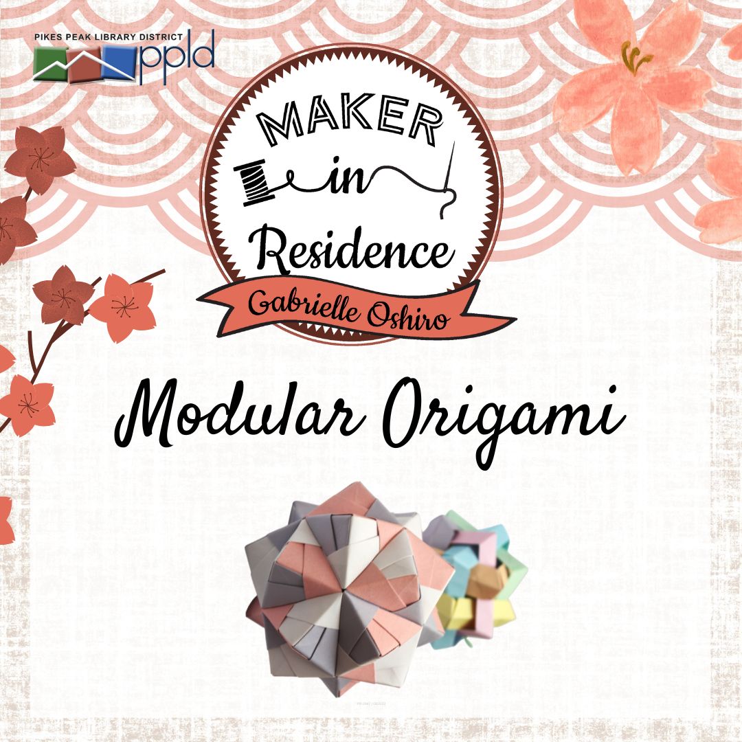 Logo decorated with leaves, flowers, and origami with words "Maker in Residence Gabrielle Oshiro"