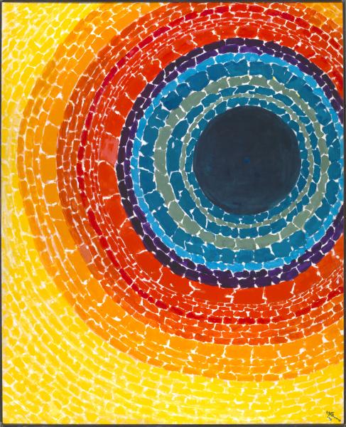 An art piece Artist Alma Thomas.  A mosaic of rings of vibrant colors. 