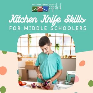 Tween boy cutting an onion under the words Kitchen Knife Skills for Middle Schoolers