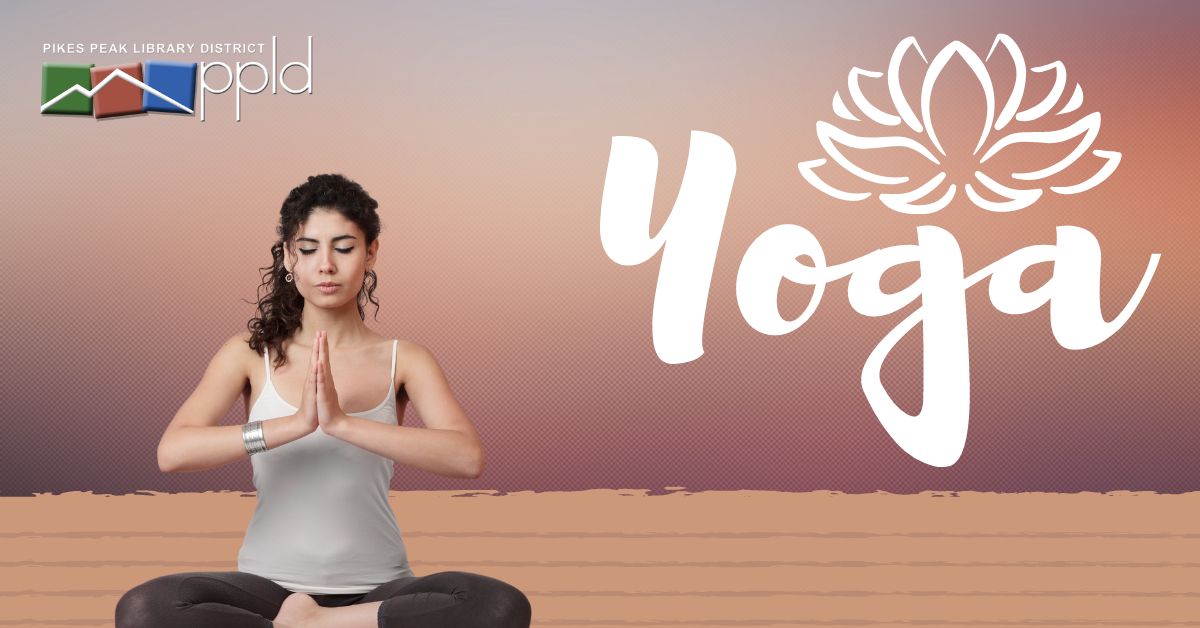 Photo of a woman in yoga pose, PPLD logo above left, word "yoga" superimposed above with the icon of a lotus