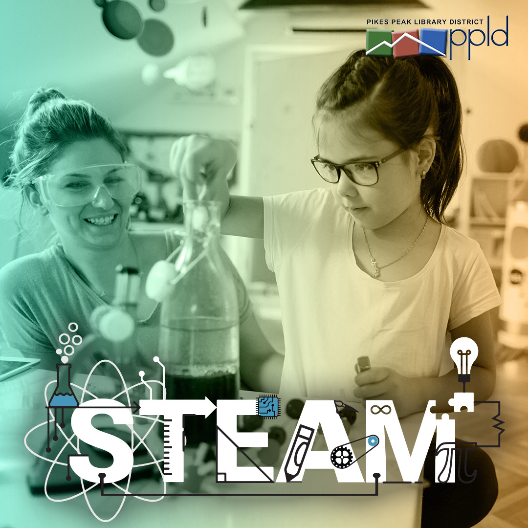 A photo of a child and an adult doing a science experiment.  The word "STEAM" is overlaid on the image. 