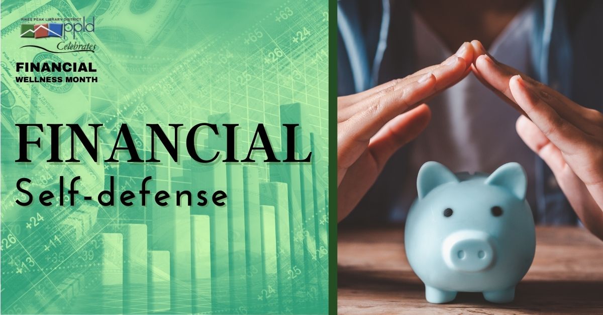 Picture of hands covering a piggy bank. Class title "financial self defense" listed.