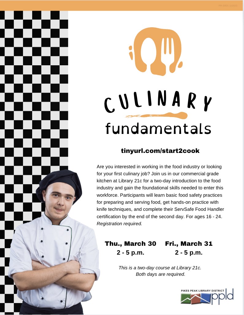 Teenager in chef apron and hat under the words Culinary Fundamentals
