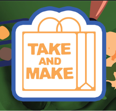 Graphic of a shopping bag with the words "take and make" inside