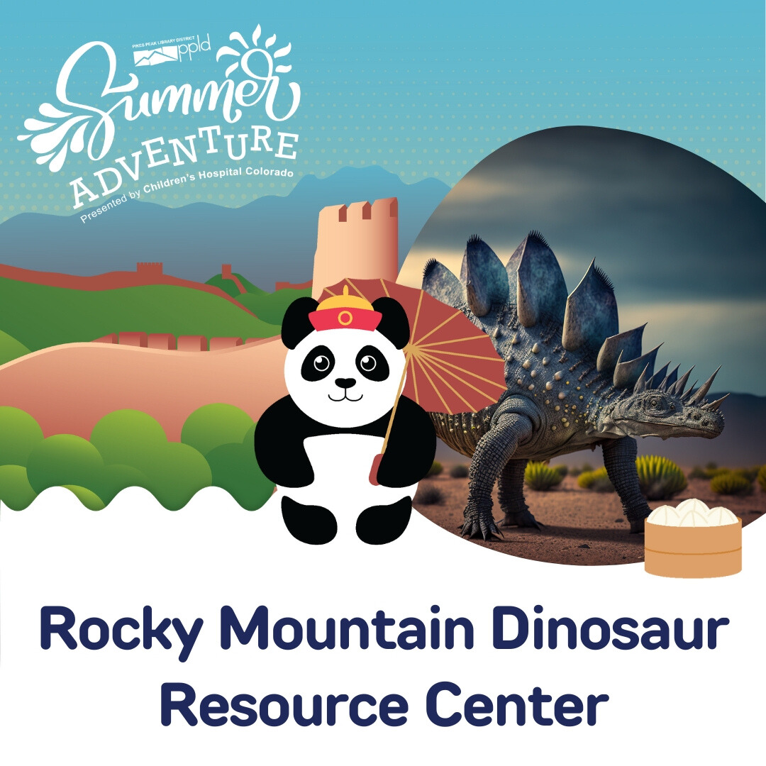 PPLD Summer Adventure logo, featuring a panda bear and a graphic of a dinosaur, with the caption "Rocky Mountain Dinosaur Resource Center"