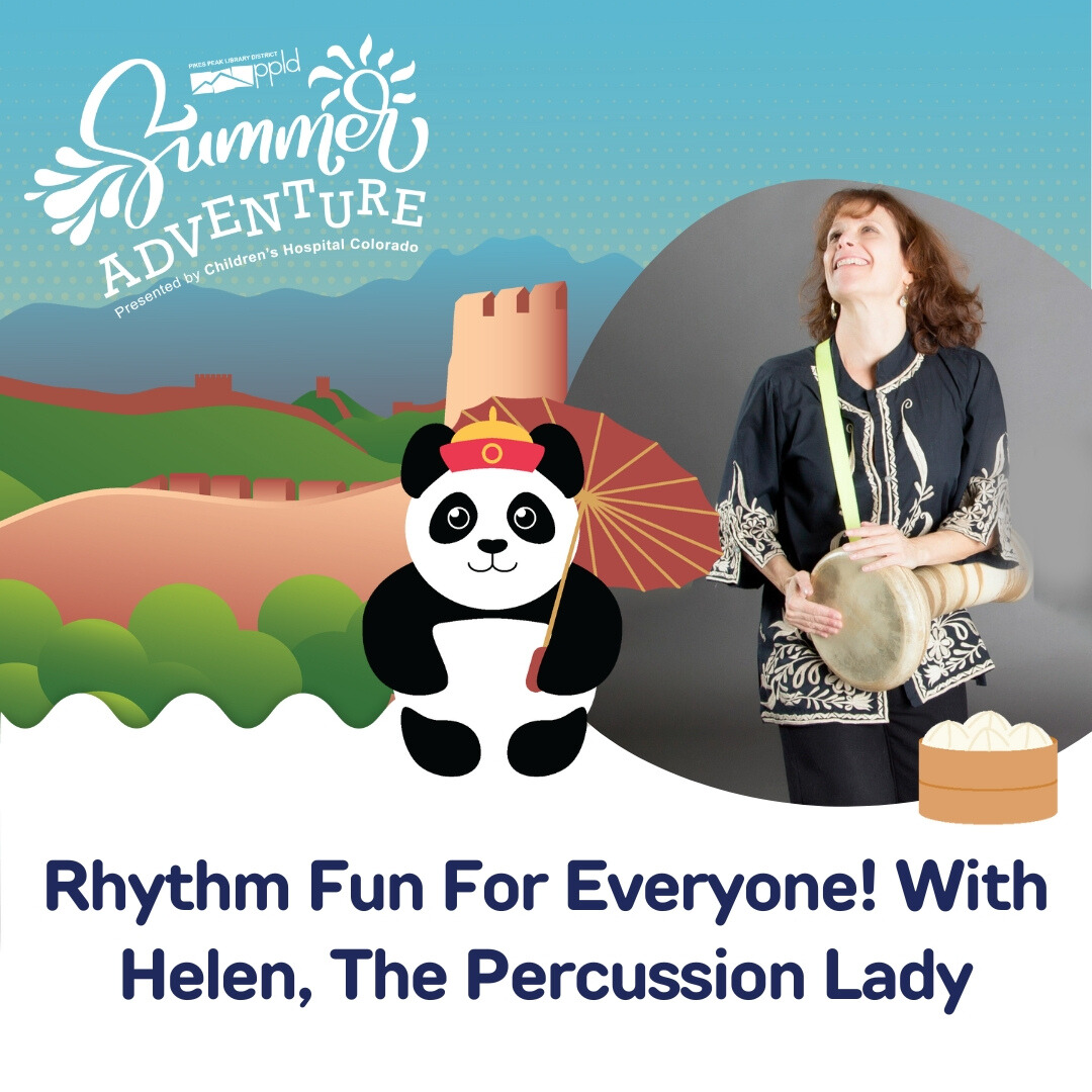 Photo of person playing a drum with stylized image of a panda. Text: Summer Adventure.