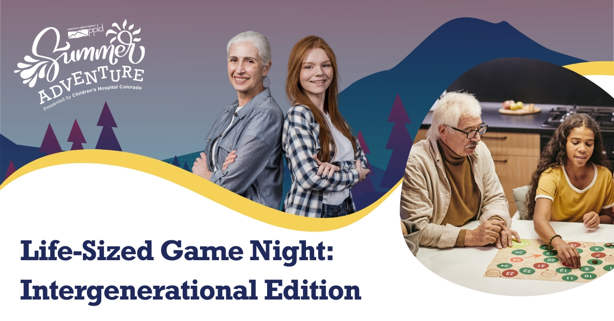 Banner with the words Life-Sized Game Night Intergenerational Edition; older adult and teen sitting back to back; older adult and teen playing a board game