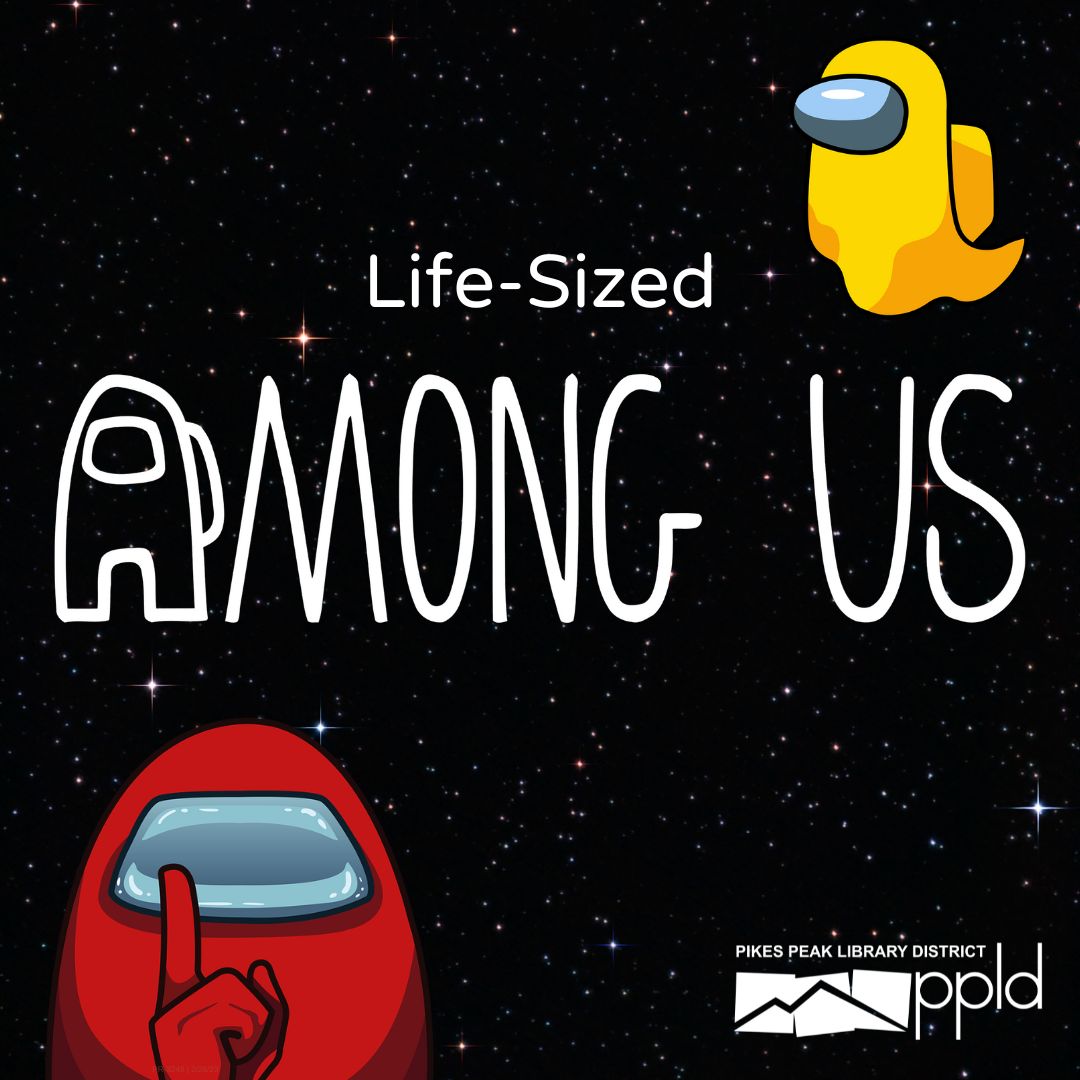 two astronaut character from the game AmongUs are seen floating in space with the words "Life-sized Among Us"