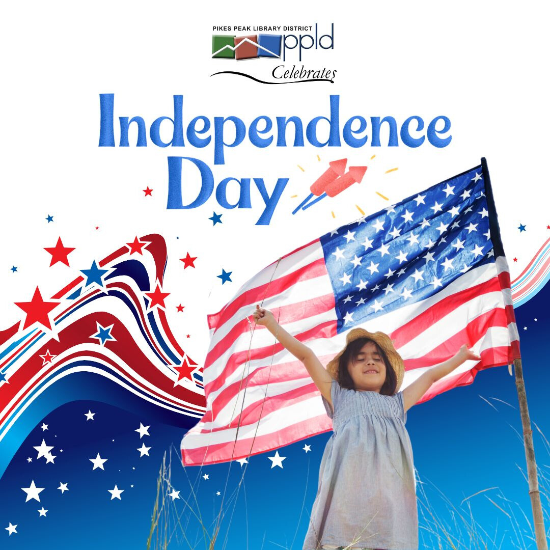 A child holds an American flag aloft underneath the words "PPLD Celebrates Independence Day"