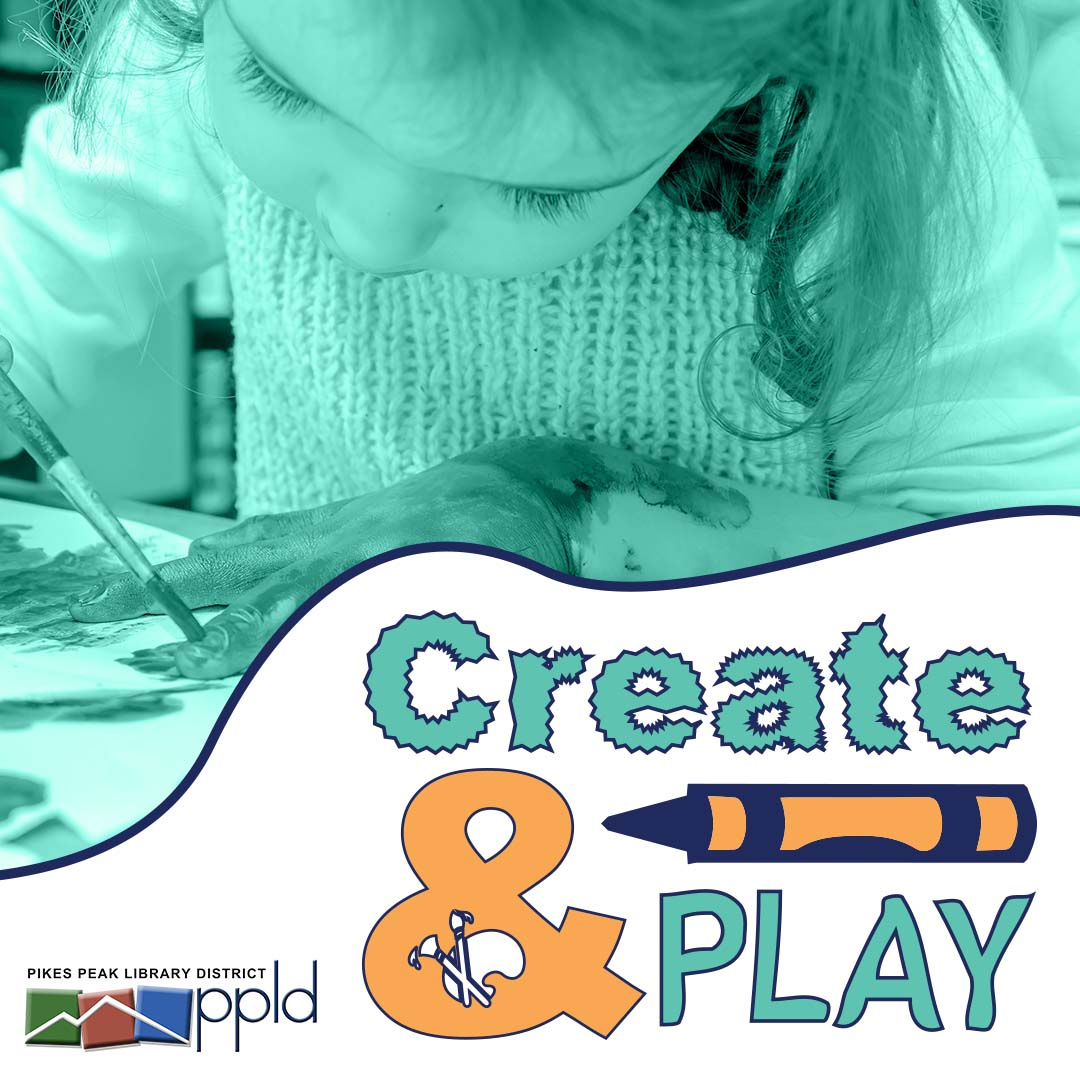 A teal color graded image of a young child painting.  A caption underneath them reads "Create & Play," and features a crayon and paintbrushes.  The PPLD logo is in the bottom left of the graphic.  