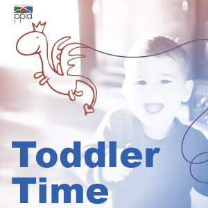 An overexposed photo of a toddler.  There is a red line drawing of a dragon in front of them.  A caption in blue letters at the bottom reads "Toddler Time."  The PPLD logo is in the top left.  