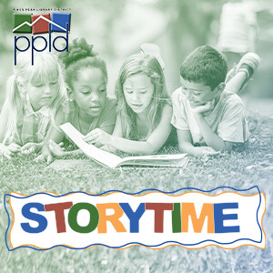 A green toned photo of four children who are lying on their stomachs looking at a book.  Multicolored letters under the children read "Storytime."  The PPLD logo is in the top left corner.  