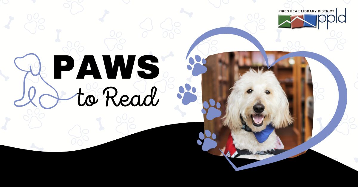 A photo of a happy white dog inside of a drawn heart is beside the words "Paws to Read"